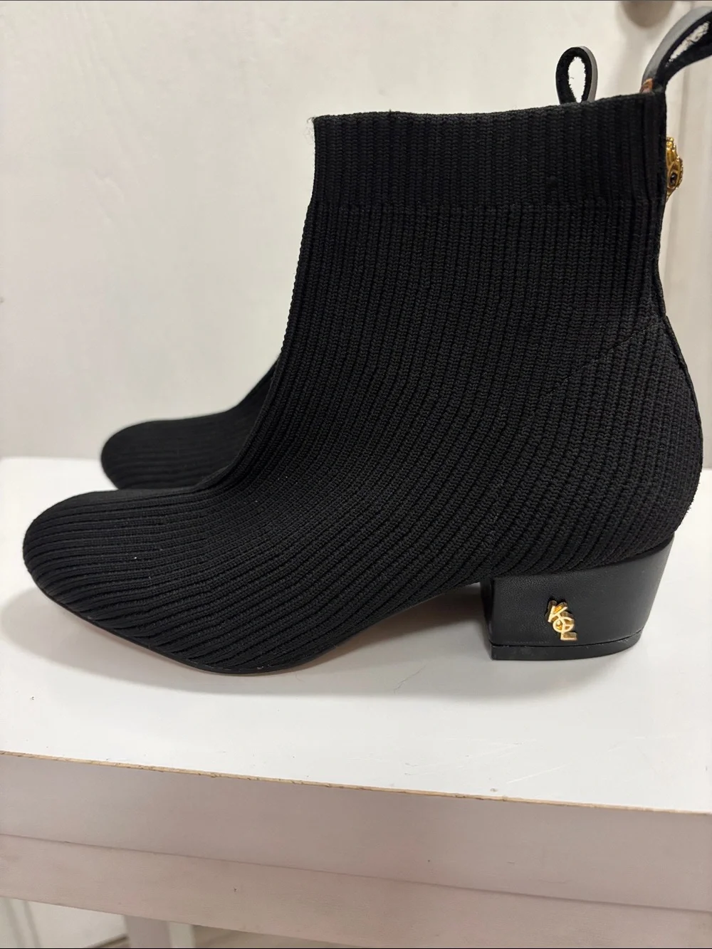 Kurt Geiger Black Knit Ankle Boot with Gold Logo Heel